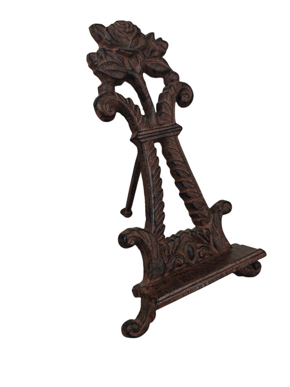 Vintage Cast Iron Easel Stand Rose Floral Pattern 9" Tall Brown Display